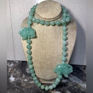 Elegant hand carved Green Jade Beaded Necklace with Elephant Charms